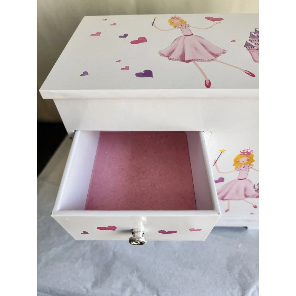 Princess Castle Musical Jewelry Box White Wood Ballerina Spinning Necklace Hook